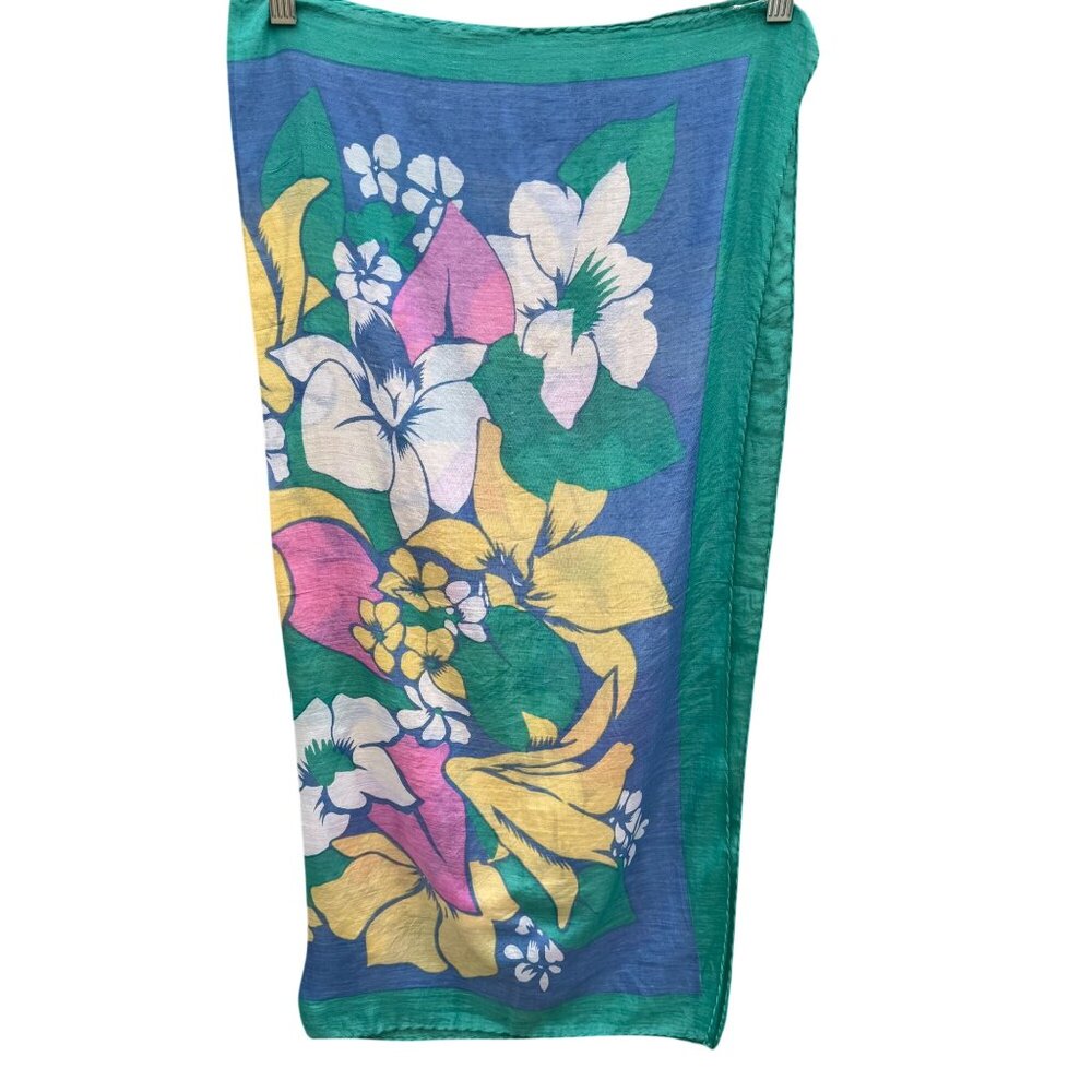Pic N Save Vintage Hawaiian Square Floral Scarf Bold Yellow Pink‎ Blue Green - Picture 8 of 12